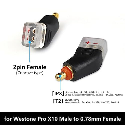 Westone Pro X10-X50 수 - 2핀 케이블용 어댑터, MACH10-80 또는 Linum BAX T2 헤드폰과 호환 가능, 무손실 사운드 품질, 헤드폰 컨버터 한 쌍, 블랙 - color: 블랙., size: 0.78mm