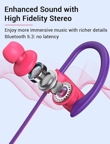 Bluetooth 5.3 Headphones, Wireless Sports In-Ear Earbuds IPX7 Waterproof | 16 Hours Playtime, Sweatproof Stereo Earphones with MIC, Noise Cancelling Headsets for Gym Running Workout, Clear Sound - color: Purple
