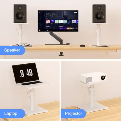 Suptek Free-Standing Speaker Stand Desktop Set, 9.6 x 8.8 inch Trays, Height Adjustment and Tilt, Universal Audio Holders for Computer and Bookshelf Speakers, Elevated Sound, 2 Pack, White, SDM001TW - color: White, size: 9.6" x 8.8" x 14.2"