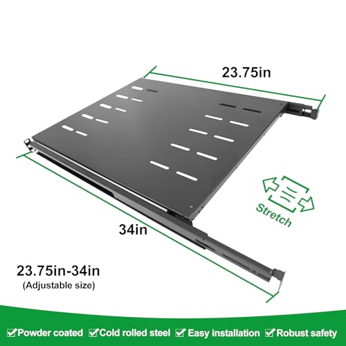 GlobalRack 1U Sliding Shelf,23.75-34" Adjustable, Double-Sided, Soft-Close | 1U Sliding rack | rack drawer | Quiet steel ball bearing slides | Soft-close damping | Supports 240 lbs | Heavy-gauge steel - size: 550A