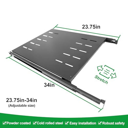 GlobalRack 1U Sliding Shelf,23.75-34" Adjustable, Double-Sided, Soft-Close | 1U Sliding rack | rack drawer | Quiet steel ball bearing slides | Soft-close damping | Supports 240 lbs | Heavy-gauge steel - size: 550A