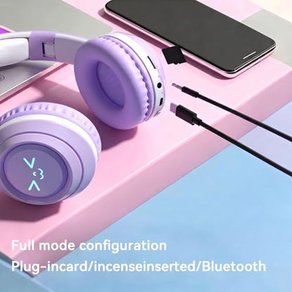 Cat-Ear Wireless Headphones Bluetooth 5.3 Over the Ear Headphones with RGB Light Built-in Mic Foldable Fashionable Stereo Headset Support TF Card for Gaming Travel PC Phone iPad（Dreamy Purple） - color: Dreamy Purple