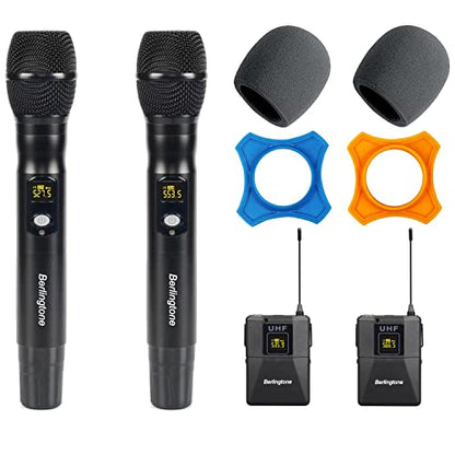 Pro Wireless Microphone System, 4-Channel UHF Wireless Mic Set with 2 Handheld Microphones, 2 Bodypack/Headset/Lapel Mics, Metal Cordless Microphone Base for Church, Singing, DJ (BR-402UM)