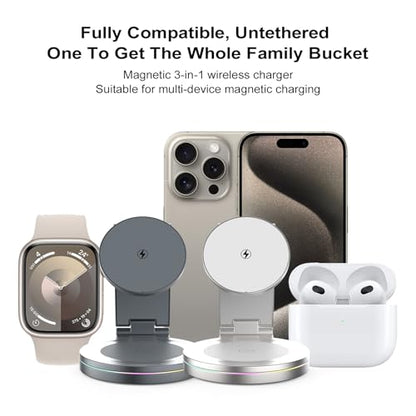 Foldable 360º Rotatable Zinc Alloy 3-in-1 Magnetic Wireless Charger,3 in 1 Charging Station,Charging Stand,15W for iPhone 12-17,5W for Apple Watches, AirPods (Adapter Included) (Gray) - color: gray