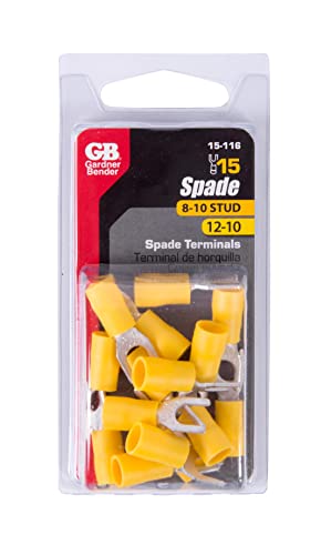 Gardner Bender 15-116 Terminal Spade, 10-8 Stud Sz, 15 Pack, Yellow (12-10 AWG), 5 Piece - color: Yellow (12-10 AWG), size: 15 Pack