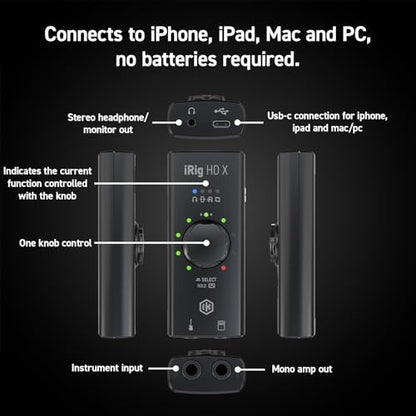IK Multimedia iRig HD X Guitar Audio Interface - 96 kHz Music Recording, 24-bit, For iPhone, iPad, Mac, iOS, And PC With Lightning Cable, USB-C, Guitar Accessories, Recording Studio Equipment - size: iRig HD X