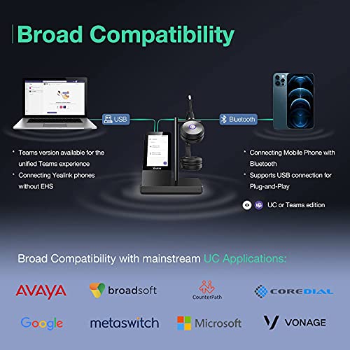 Yealink WH66 Dual Teams Wireless Noise Canceling Headset - Headset Works with USB Enabled Computers, Desk Phones and Softphones Also Connects to Cell Phones with Bluetooth. - color: Black, style: Modern