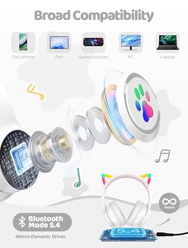 Bluetooth Headphones Wireless Cat Ear 60H/8H with LED Light Mic White | Adjustable Headband Foldable Over-Ear Headset for Kids/Tablet/iPad/Laptop,HD Stereo Sound,Aux Aux 3.5mm - color: White
