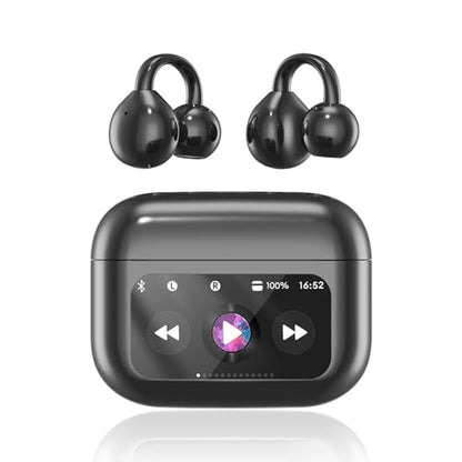Clip On Ear Headphones, Open Ear Earbuds Wireless Bluetooth 5.4, Clip On Earbuds with LCD Touchscreen, Lightweight Comfort Open Ear Headphones for Pad Tablet Laptop Android/iOS Phones (Black) - color: Black