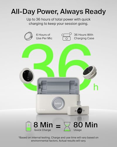 Belkin Stage Wireless Mini Microphone, Dual Lavalier Mic Set, Magnetic | 24-bit/48kHz audio, noise reduction, magnetic clip-on, 36-hour battery, for iPhone, Android, YouTube, vlogging - style: Microphone