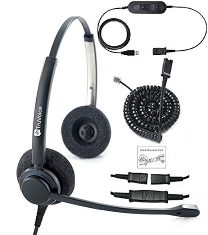 Professional Double Ear Headset with Noise Canceling Mic with Phone and USB Cable for Yealink T19 T20 T21 T22 T23 T26 T27 T28 T29 T32 T36 T38 T40 T41 T42 T46 T48 T52 T54 and Also PC or Softphone