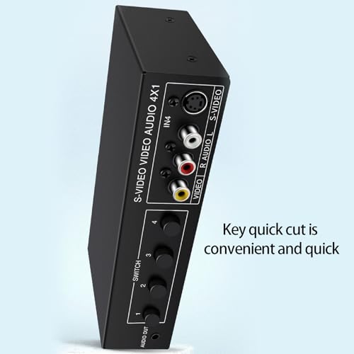 4x1 S Video and RCA Switcher, 4 Input 1 Output Audio Video Switch Selector Box for Game Consoles DVD Players, 720P Metal Shell Manual Push Button Switcher