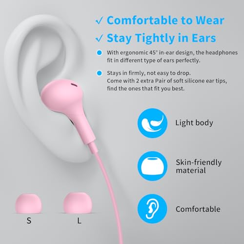 USB Headphones with Mic for Laptop PC, 7.5ft Magnetic Wired Earbuds Pink | Noise Isolation in-Ear Earphones with Mute Volume Control Stereo Bass for Dell/HP/Acer/Chromebook/Desktop/Zoom Meeting/School - color: Rose-Pink