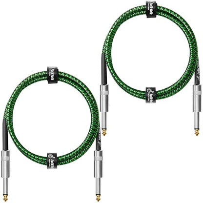 2-Pack 3.3 Feet Tweed braided 1/4 Inch TS Guitar Cables, Black & Green | Strain relief, Anti-kink, no signal loss, fit electric guitar, bass, amp - color: Green, size: 3.3ft