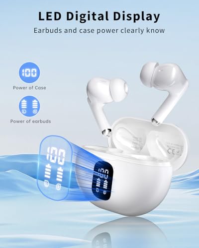 Wireless Earbuds, Bluetooth 5.4 Ear Buds Bass Stereo, Headphones with Noise Cancelling Mic, LED Display in Ear Earphones Clear Calls, IP7 Waterproof Bluetooth Earbuds for Phone/Android/iPad, White - color: White