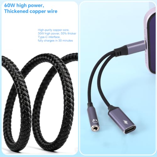 2pcs 2 in 1 Usbc Splitter Aux & USB C to 3.5mm Jack and Charger | Usbc Splitter & USB C to 3.5mm Audio Adapter with 60W PD Fast Charging DAC Headphone Jack for iPhone Gaming Car Aux More USBC