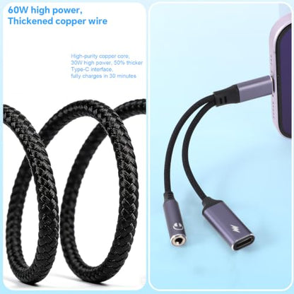2pcs 2 in 1 Usbc Splitter Aux & USB C to 3.5mm Jack and Charger | Usbc Splitter & USB C to 3.5mm Audio Adapter with 60W PD Fast Charging DAC Headphone Jack for iPhone Gaming Car Aux More USBC