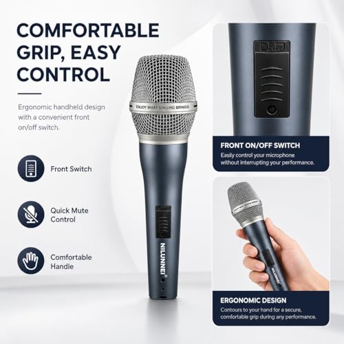 Professional Dynamic Microphone - Handheld Wired Microphone for Singing, for Speakers, Karaoke Machines, amplifiers, Mixers, with 14 Foot XLR to 1/4 inch Audio Cable and Desktop Stand Set
