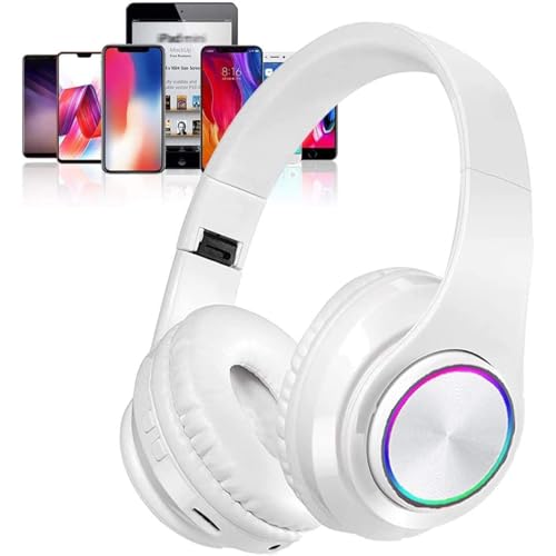 Kids Bluetooth Over Ear Headphones with LED Lights, White | Built-in Mic, Bluetooth 5.0, Wired and Wireless Foldable Stereo Headphones for Classroom, Office, Tablet, Airplane,Travel - color: White