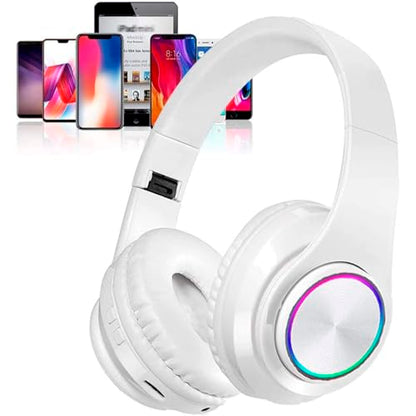 Kids Bluetooth Over Ear Headphones with LED Lights, White | Built-in Mic, Bluetooth 5.0, Wired and Wireless Foldable Stereo Headphones for Classroom, Office, Tablet, Airplane,Travel - color: White