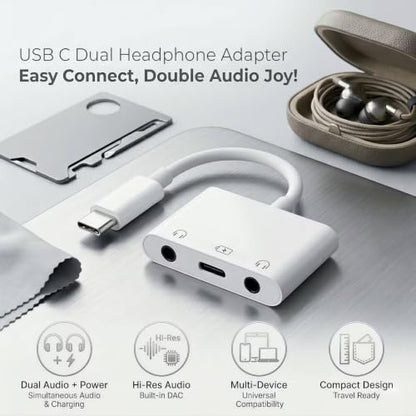 3-in-1 USB-C to 3.5mm Audio Adapter with PD 60W Fast Charging Port | USB C to Aux Headphone Splitter, USB-C to Dual 3.5mm headphone Jack adapter for iPhone 17/16/15, Samsung Galaxy S26/S25/S24