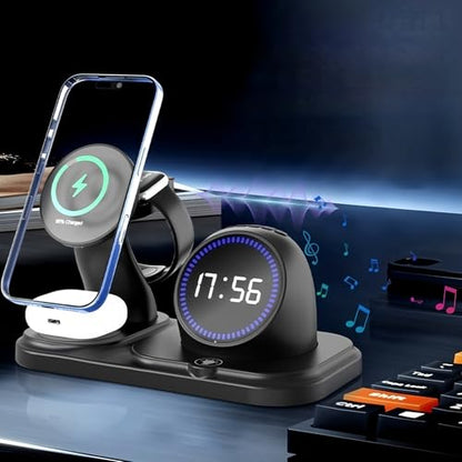 6 in 1 Wireless Charger for Apple Device，with Clock & 5 Color Ambient Light, Comes with Speakers,Nightstand Charger Station for iPhone 17/16/15/14/13/12/iWatch Series/AirPods (Black) - color: Black