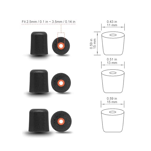 Klowcok Foam Earbud Tips for Walkers, Elgin, Plugfones, Westone, Etymotic | Replacement Tips, IEM Memory Foam Tips, In Ear Monitor Tips, Noise Isolation, 3 Pairs, Small/ Medium/ Large, Black