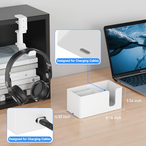Desk Cup Holder Clamp with Headphone Hanger and Storage Tray | Clamp on design, rotating headphone hanger, detachable storage tray, cable holes, fits 5-50mm desks - color: White