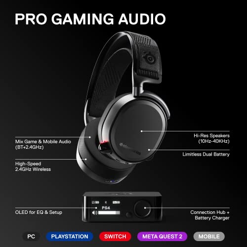 SteelSeries Arctis Pro Wireless Gaming Headset - High Fidelity 2.4 GHz Wireless - Mixable Bluetooth - Non-Stop Dual Battery - OLED Base Station - AI Noise Canceling Mic - PC, PS5, PS4, Mobile - Black - color: Black