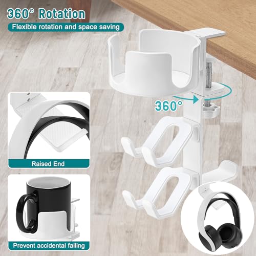 welltop 4 in 1 Controller Holder with Desk Cup Holder & Headphone Hanger, Rotatable Under Desk Clamp Controller Holder Dual Gamepad Headset Stand Gaming Desk Accessories for Xbox, PS4, PS5, PC, Switch