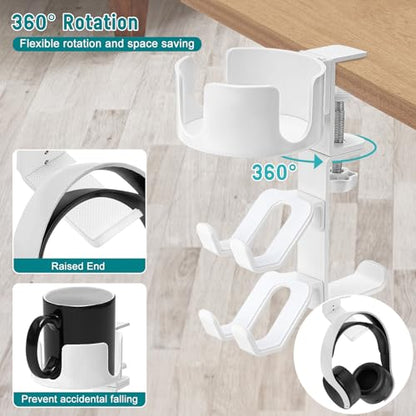 welltop 4 in 1 Controller Holder with Desk Cup Holder & Headphone Hanger, Rotatable Under Desk Clamp Controller Holder Dual Gamepad Headset Stand Gaming Desk Accessories for Xbox, PS4, PS5, PC, Switch