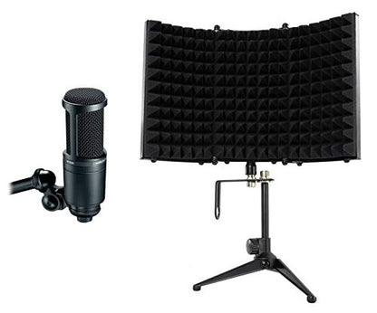 Audio-Technica AT2020 Studio Recording Microphone-Cardioid Condenser Mic Bundle with Rockville RockShield 1 Studio Microphone Isolation Shield w/Sound Dampening Foam