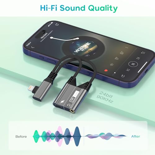 2-IN-1 Right Angle Magnetic Lightning to 3.5mm Audio Jack Headphone and Charge Cable Adapter for iPhone,90 Degree Earphone Converter Splitter Support Music+Charge+HiFi+Mic for iPhone14 13 12 11
