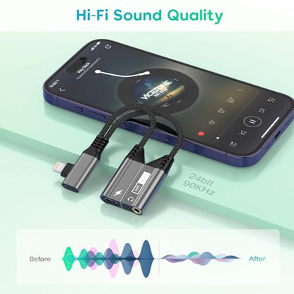 2-IN-1 Right Angle Magnetic Lightning to 3.5mm Audio Jack Headphone and Charge Cable Adapter for iPhone,90 Degree Earphone Converter Splitter Support Music+Charge+HiFi+Mic for iPhone14 13 12 11