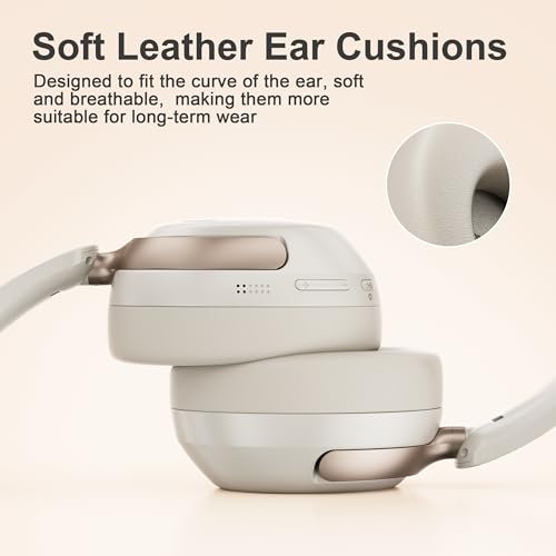 LORELEI QC30 Hybrid Active Noise Cancelling Headphones,Over-Ear Wireless Bluetooth,Beige Protein Leather, Active Noise Control & Transparency Mode,Deep Bass, Built-in Mic - color: Beige White