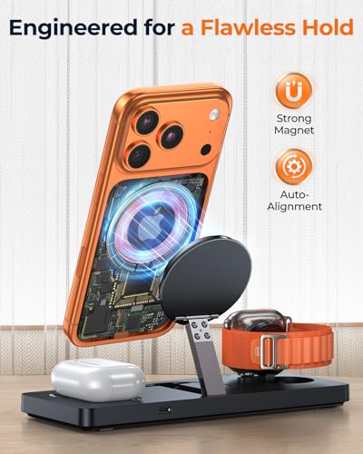 Foldable 3-in-1 Wireless Charging Station for Apple Magsafe Charger Stand, Travel-Friendly Fast Magnetic Wireless Charger Station for iPhone 17/16/15/14/13/12, Apple Watch & AirPods Series, Black | Travel-Friendly Fast Magnetic Wireless Charger Station fo