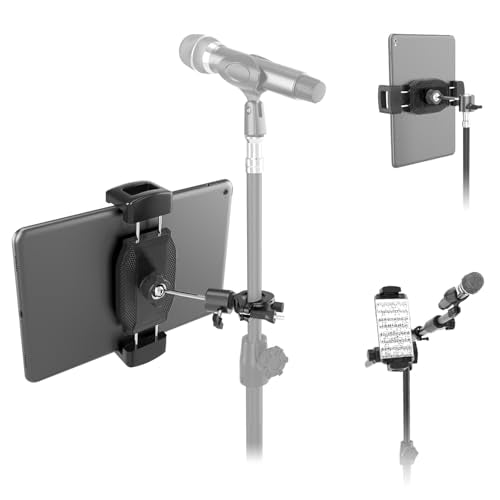 Kereal Tablet Holder for Mic Stand with 360° Ball Head and 3/8 to 1/4 Adapter, Microphone Stand Music Stand Tablet Phone Holder for Tripod, Fit for All 4.7 to 12.9 iPhone, Ipad, Andriod Smartphone - size: tablet holder