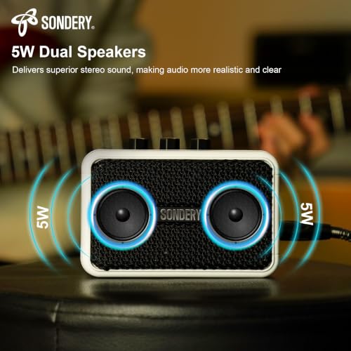 Sondery Portable Mini Guitar Amp,Rechargeable 5W Small Electric Amplifier | With Overdrive/Clean Effects and Bluetooth,Two Speakers,For Practice and Traveling,White - color: White