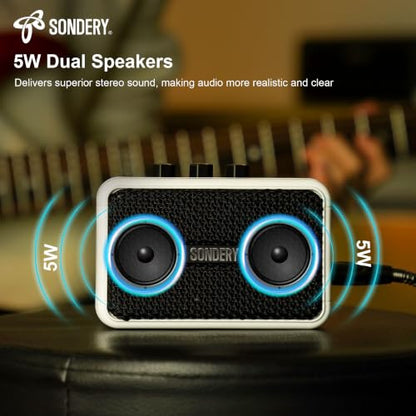 Sondery Portable Mini Guitar Amp,Rechargeable 5W Small Electric Amplifier | With Overdrive/Clean Effects and Bluetooth,Two Speakers,For Practice and Traveling,White - color: White
