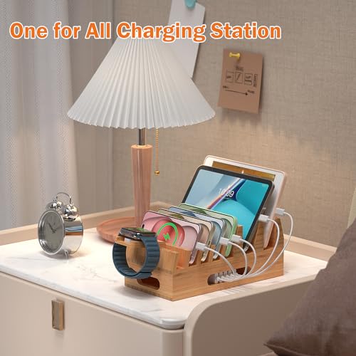 Pezin & Hulin Bamboo Charging Station with 5 Cables-Natural Bamboo | Wood Desktop Docking with Watch Holder for Phone, Tablet & Watch – Charge 7 Devices at Once, 5 Cables Included (No Adapter) - color: Dock Stand +Cables