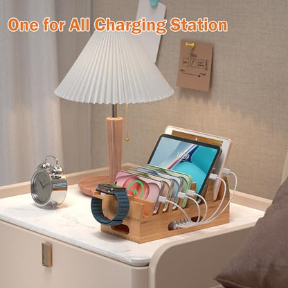 Pezin & Hulin Bamboo Charging Station with 5 Cables-Natural Bamboo | Wood Desktop Docking with Watch Holder for Phone, Tablet & Watch – Charge 7 Devices at Once, 5 Cables Included (No Adapter) - color: Dock Stand +Cables