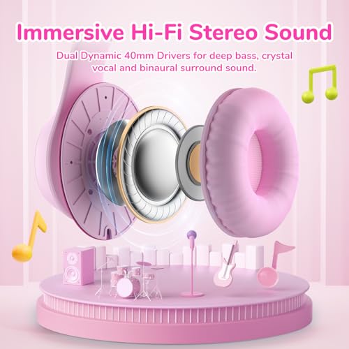 EarFun K3 Kids Headphones, Over Ear Headphones with Microphones, 85/94dB Safe Volume Limit, HD Stereo Sound, 3.5mm Jack, Foldable Wired Headphones for School/Travel/Boys/Girls/Tablet/iPad, Pink | Built-in Mic, 85/94dB Volume Limit, HD Stereo Sound, 3.5mm