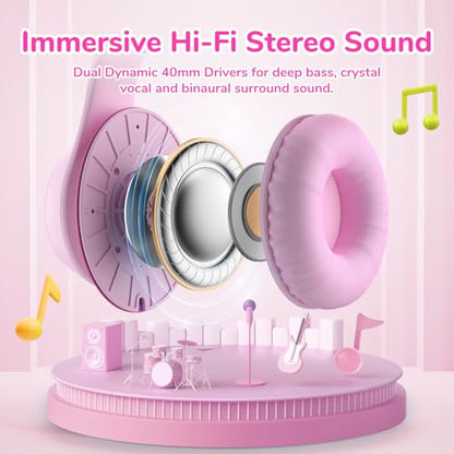 EarFun K3 Kids Headphones, Over Ear Headphones with Microphones, 85/94dB Safe Volume Limit, HD Stereo Sound, 3.5mm Jack, Foldable Wired Headphones for School/Travel/Boys/Girls/Tablet/iPad, Pink | Built-in Mic, 85/94dB Volume Limit, HD Stereo Sound, 3.5mm
