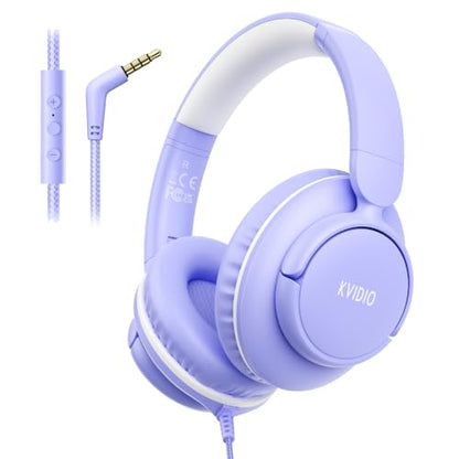 KVIDIO Wired Headphones with Mic, 3.5mm Plug Headphones for School Purple - color: Purple White