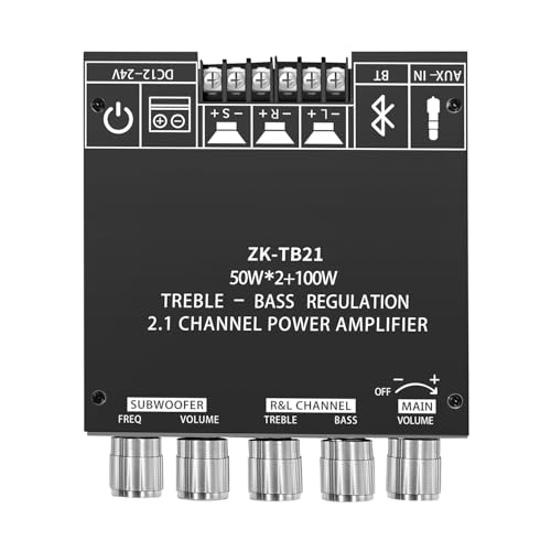 ZK-TB21 2.1 Channel Bluetooth 5.0 Amplifier Board – TPA3116D2 Chip 50Wx2+100W MAX, DC 12-24V, AUX Input, HiFi amp for Home Theater Passive Speakers Subwoofer, Treble & Bass Control - size: ZK-TB21