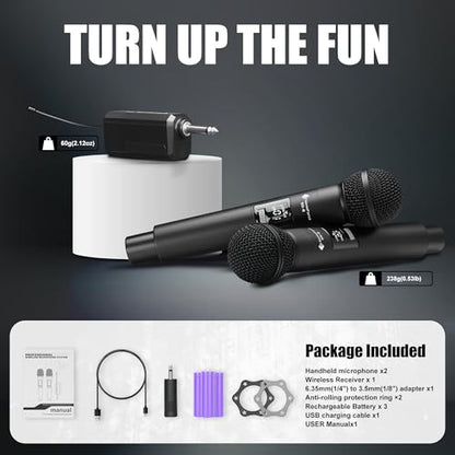 Wireless Karaoke Microphones, Singing Microphone for Speaker | Dual Handheld Mics with Receiver, 240ft Wireless Range, Plug-and-Play, 8hr Battery Life, USB Recharge - color: Black