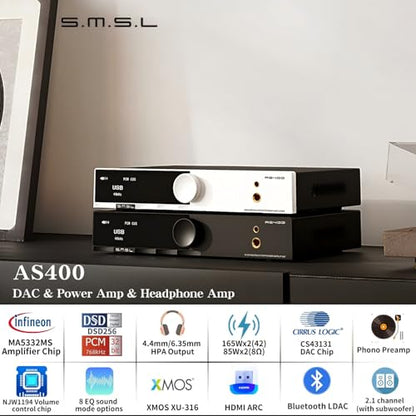 SMSL AS400 Power Amplifier DAC Headphone Amp 2.1 Channel 165W x2 MA5332MS MM Phono Amp CS43131 MQA CD DAC 6.35mm/4.4mm 768K/32Bit XMOS XU316 USB/Bluetooth 5.1/Coax/Opt/RCA/Phono/Input (Silver)