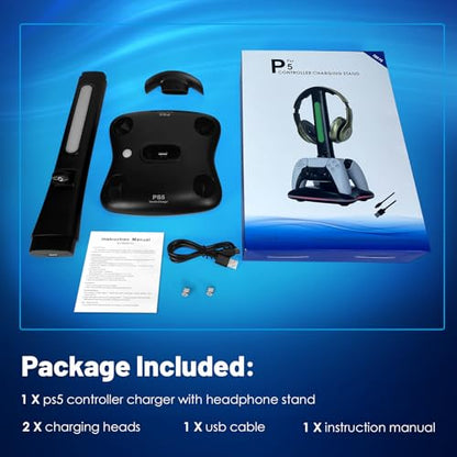PS5 Controller Charger with RGB Headphone Stand, PS5 Controller Charging Station with 2 USB Port, Headset and Controllers Stand Holder for PlayStation 5, Gaming Gifts for Gamers Men - size: Dual Charger for PS5