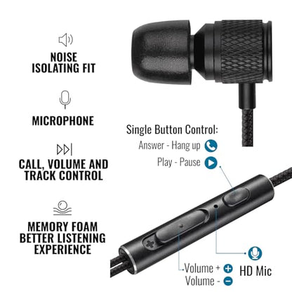LUDOS Ultra Wired Earbuds in-Ear Headphones, 5 Years Warranty, Earphones with Microphone, Noise Isolating Ear Buds, Memory Foam for iPhone, Samsung, School Students, Kids, Women, Small Ears - Black - color: Black, style: 3.5 mm
