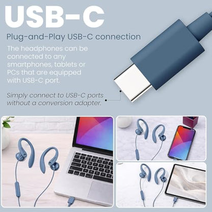 Philips USB-C Wired Earbuds with Microphone, Secure Fit Over-Ear Sport Earhooks, Deep Bass 15mm Drivers, in-Line Controls, Plug-and-Play USB-C Earphones, Wired Open Ear Headphones for Running & Gym - color: Blue, style: USB-C WITH MIC